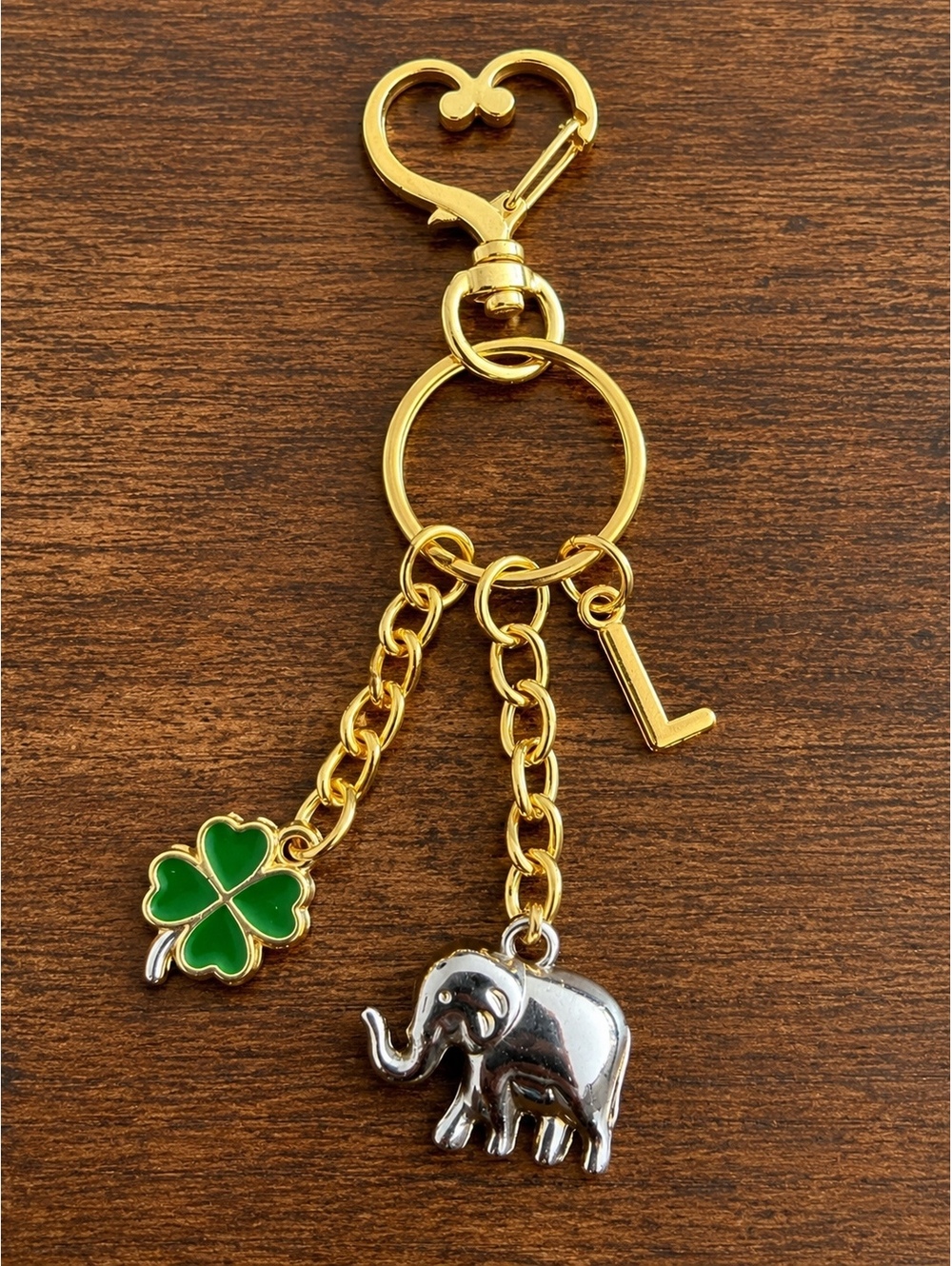 Gold Tone Keychain with Clover, Elephant‎ Charms, and Customizable Letter Charm